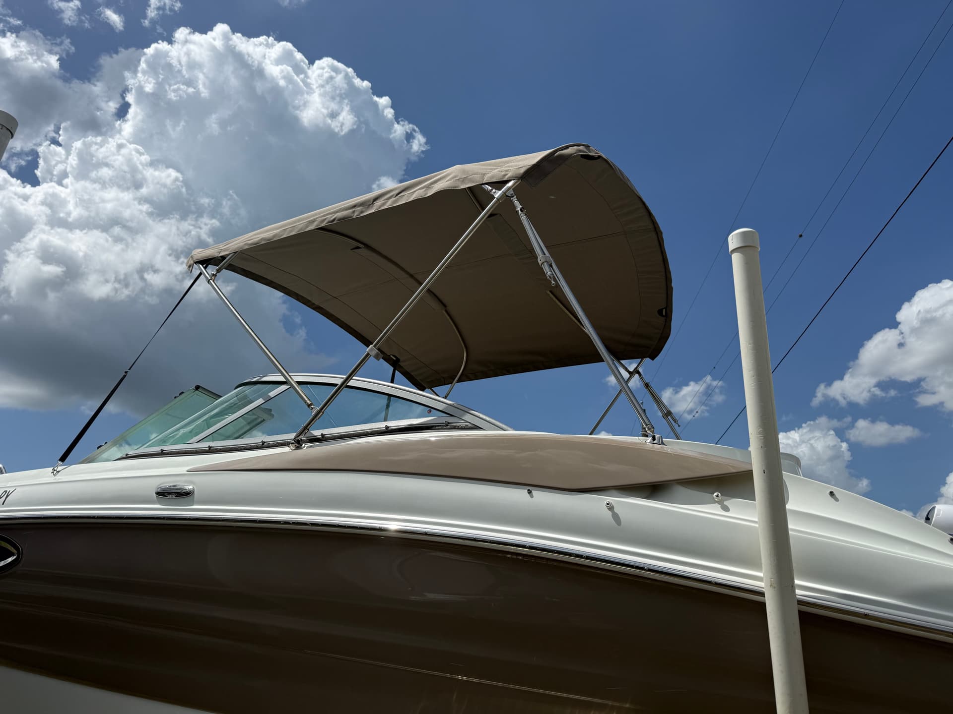 Gallery photos for Bimini Top Recover in Taupe Sunbrella with New Boot and Stainless Hinges: Image #1